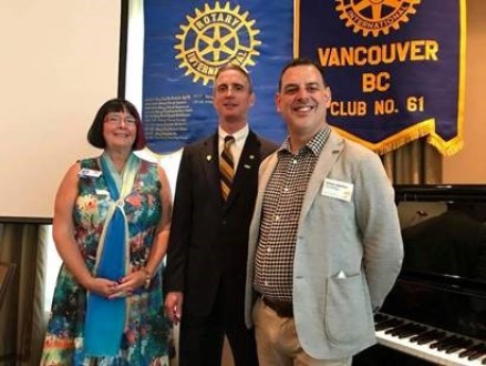 Brian Street with Steven Aquilina and District 5040 Governor Darcy Long at Brian Street's July 3, 2018 invocation ceremony as President of the Rotary Club of Vancouver, B.C., Canada.
